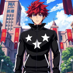 An artwork inspired by the MHA (My Hero Academia) art style featuring a male character with shaggy crimson hair and striking amethyst eyes