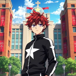 An artwork inspired by the MHA (My Hero Academia) art style featuring a male character with shaggy crimson hair and striking amethyst eyes