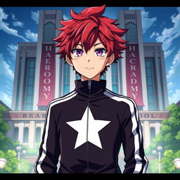 An artwork inspired by the MHA (My Hero Academia) art style featuring a male character with shaggy crimson hair and striking amethyst eyes