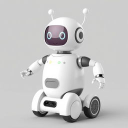 A cute domestic robot designed with two wheels for mobility, standing at a friendly height