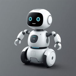 A cute domestic robot designed with two wheels for mobility, standing at a friendly height