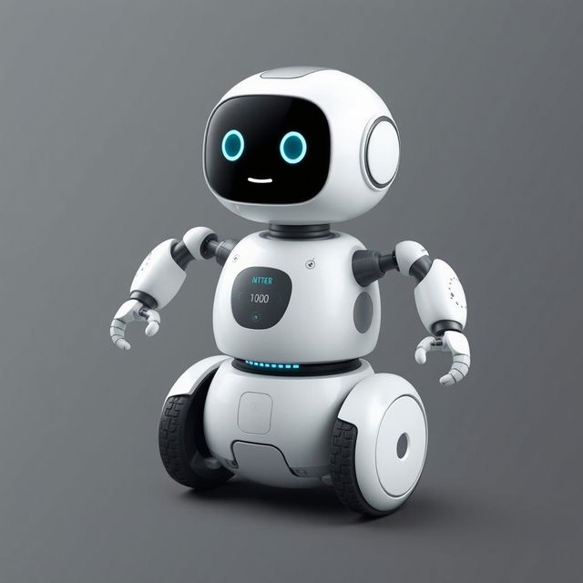 A cute domestic robot designed with two wheels for mobility, standing at a friendly height