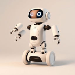A cute domestic robot designed with two wheels for mobility, standing at a friendly height