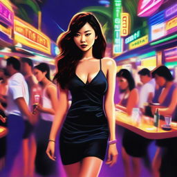 A digital artwork captures a 24-year-old Asian female with brunette hair, dressed in a tight, dark dress