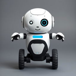 A cute domestic robot viewed from the front, designed with two wheels for mobility and standing at a charming height