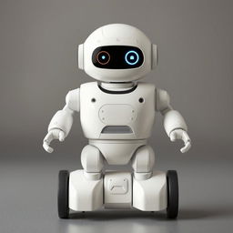 A cute domestic robot viewed from the front, designed with two wheels for mobility and standing at a charming height