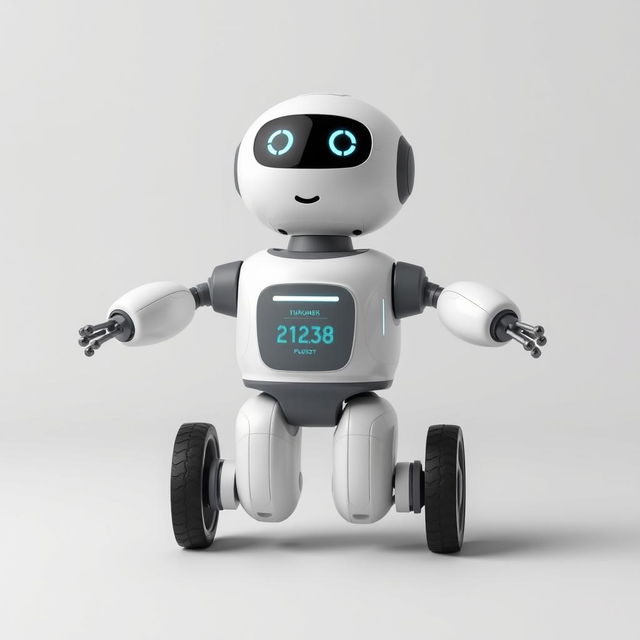 A cute domestic robot viewed from the front, designed with two wheels for mobility and standing at a charming height