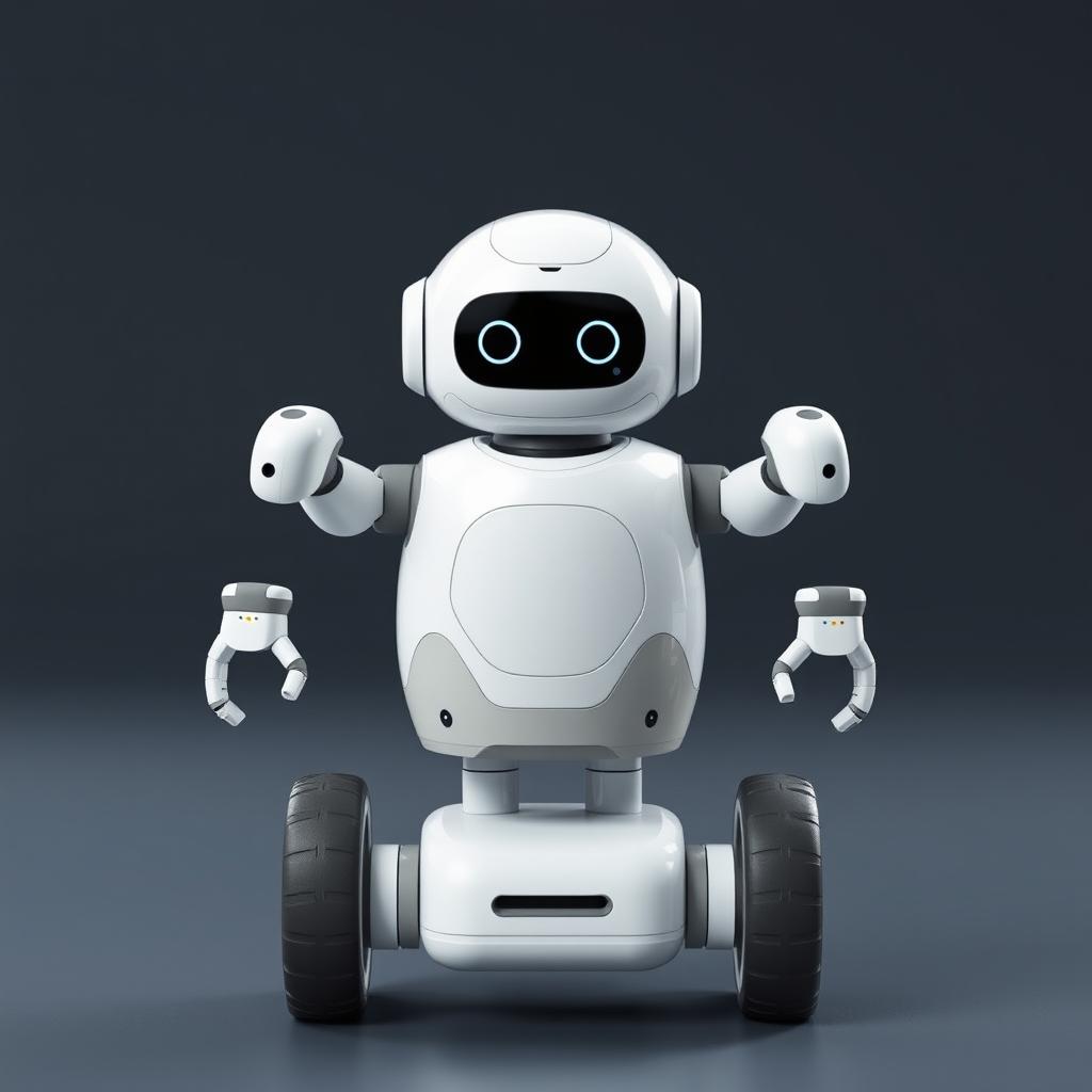 A cute domestic robot viewed from the front, designed with two wheels for mobility and standing at a charming height