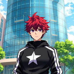An artwork inspired by the MHA (My Hero Academia) art style featuring a male character with shaggy crimson hair and captivating amethyst eyes