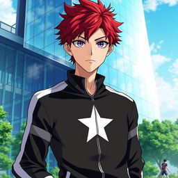 An artwork inspired by the MHA (My Hero Academia) art style featuring a male character with shaggy crimson hair and captivating amethyst eyes