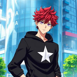An artwork inspired by the MHA (My Hero Academia) art style featuring a male character with shaggy crimson hair and captivating amethyst eyes