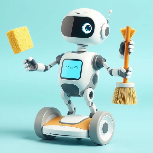 A friendly domestic robot designed with three arms, featuring a sponge in one hand and a broom in the other