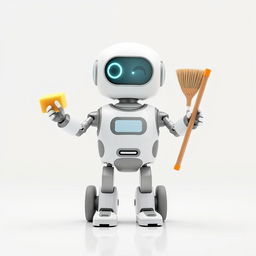 A friendly domestic robot designed with three arms, featuring a sponge in one hand and a broom in the other