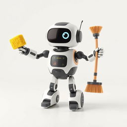 A friendly domestic robot designed with three arms, featuring a sponge in one hand and a broom in the other