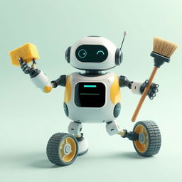 A friendly domestic robot designed with three arms, featuring a sponge in one hand and a broom in the other