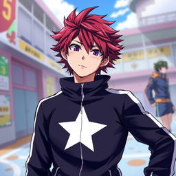 An artwork inspired by the MHA (My Hero Academia) art style featuring a male character with shaggy crimson hair and striking amethyst eyes