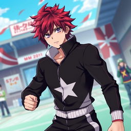 An artwork inspired by the MHA (My Hero Academia) art style featuring a male character with shaggy crimson hair and striking amethyst eyes