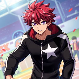 An artwork inspired by the MHA (My Hero Academia) art style featuring a male character with shaggy crimson hair and striking amethyst eyes