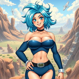 A detailed and colorful depiction of a female character inspired by Bulma from Dragon Ball