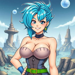 A detailed and colorful depiction of a female character inspired by Bulma from Dragon Ball