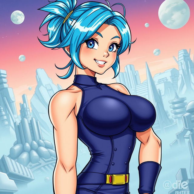 A detailed and colorful depiction of a female character inspired by Bulma from Dragon Ball