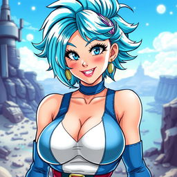 A detailed and colorful depiction of a female character inspired by Bulma from Dragon Ball