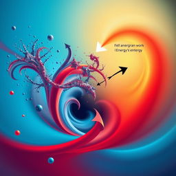An abstract representation of the concept of entropy in physics, illustrating a flow of energy with visual elements such as swirling particles, gradients of color to represent order and disorder, and arrows indicating energy availability