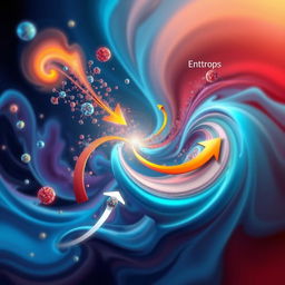 An abstract representation of the concept of entropy in physics, illustrating a flow of energy with visual elements such as swirling particles, gradients of color to represent order and disorder, and arrows indicating energy availability