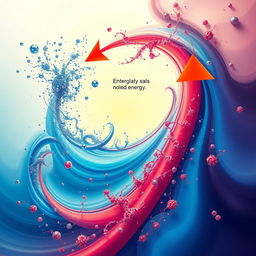 An abstract representation of the concept of entropy in physics, illustrating a flow of energy with visual elements such as swirling particles, gradients of color to represent order and disorder, and arrows indicating energy availability