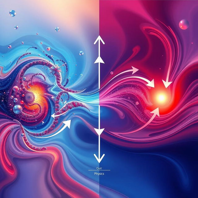 An abstract representation of the concept of entropy in physics, illustrating a flow of energy with visual elements such as swirling particles, gradients of color to represent order and disorder, and arrows indicating energy availability