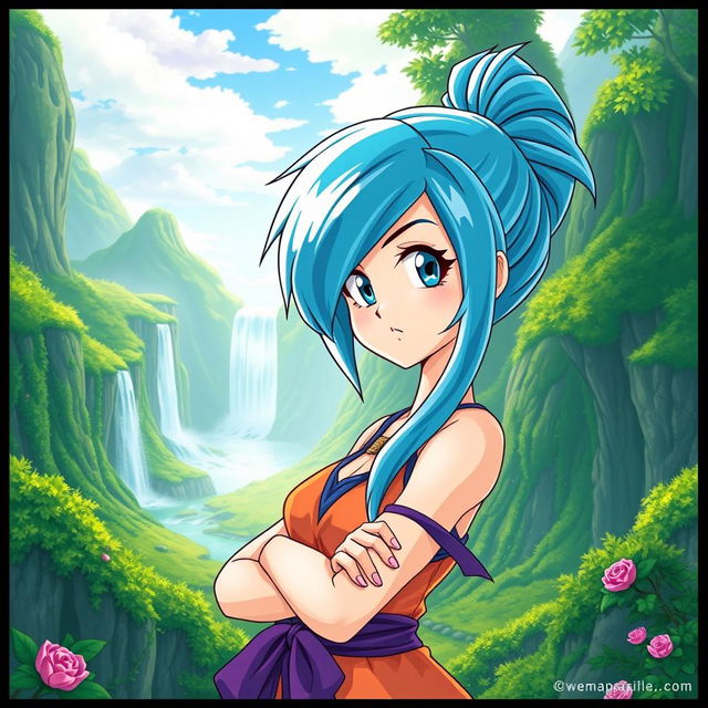 A stylized portrayal of Bulma from the Dragon Ball series, depicted in a fantasy setting