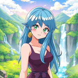 A stylized portrayal of Bulma from the Dragon Ball series, depicted in a fantasy setting