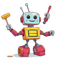 A cheerful robot with three arms, one hand holding a sponge and the other hand holding a broom