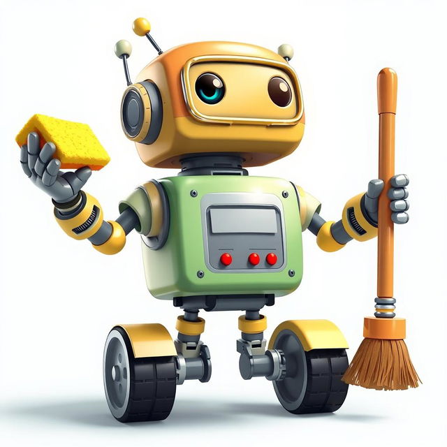 A cheerful robot with three arms, one hand holding a sponge and the other hand holding a broom