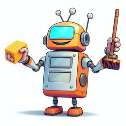 A cheerful robot with three arms, one hand holding a sponge and the other hand holding a broom