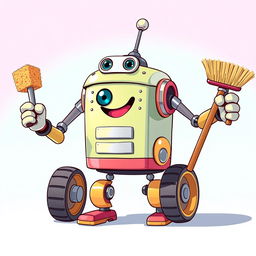 A cheerful robot with three arms, one hand holding a sponge and the other hand holding a broom