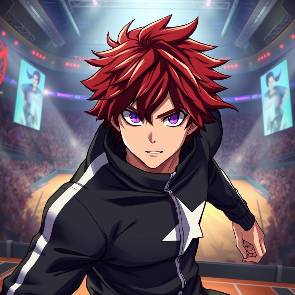 An artwork inspired by the MHA (My Hero Academia) art style featuring a male character with shaggy crimson hair and captivating amethyst eyes