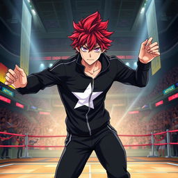 An artwork inspired by the MHA (My Hero Academia) art style featuring a male character with shaggy crimson hair and captivating amethyst eyes