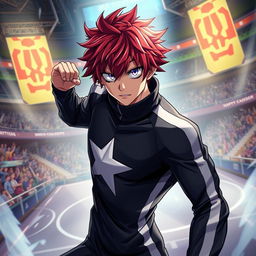 An artwork inspired by the MHA (My Hero Academia) art style featuring a male character with shaggy crimson hair and captivating amethyst eyes