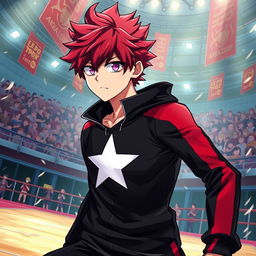 An artwork inspired by the MHA (My Hero Academia) art style featuring a male character with shaggy crimson hair and captivating amethyst eyes