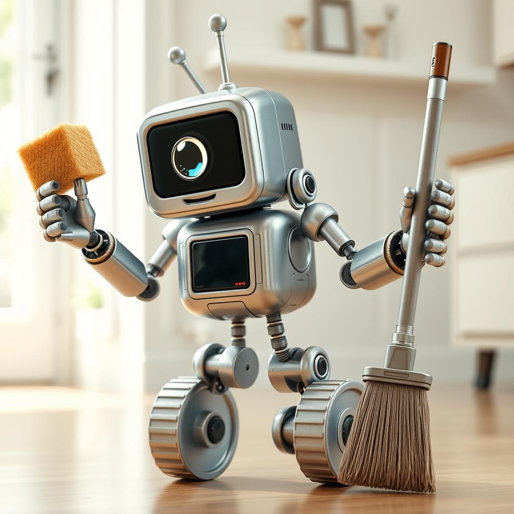 A realistic robot with three arms, one hand holding a sponge and the other hand holding a broom