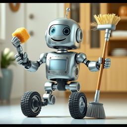 A realistic robot with three arms, one hand holding a sponge and the other hand holding a broom