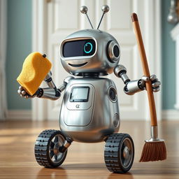 A realistic robot with three arms, one hand holding a sponge and the other hand holding a broom