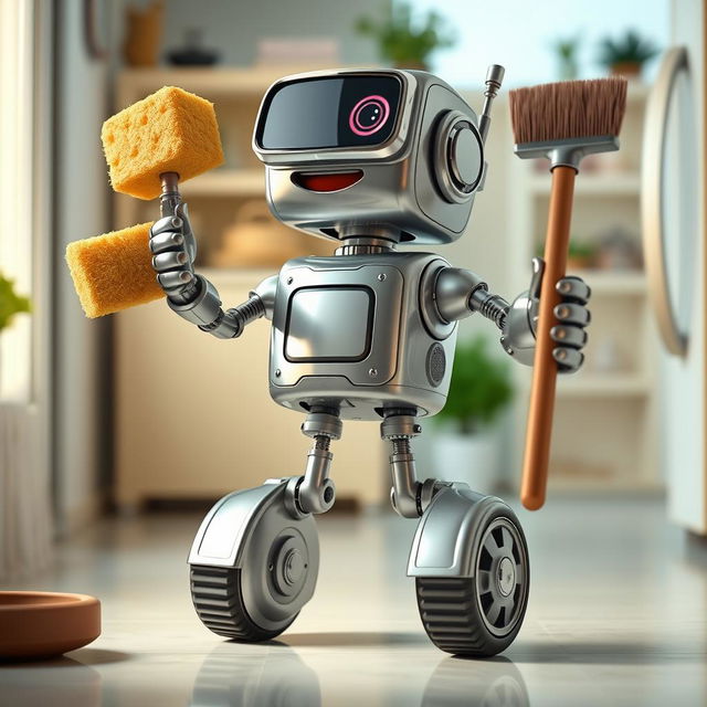 A realistic robot with three arms, one hand holding a sponge and the other hand holding a broom