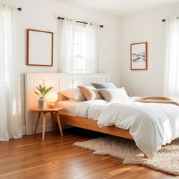A beautifully styled bedroom featuring a cozy bed with wooden and white color scheme