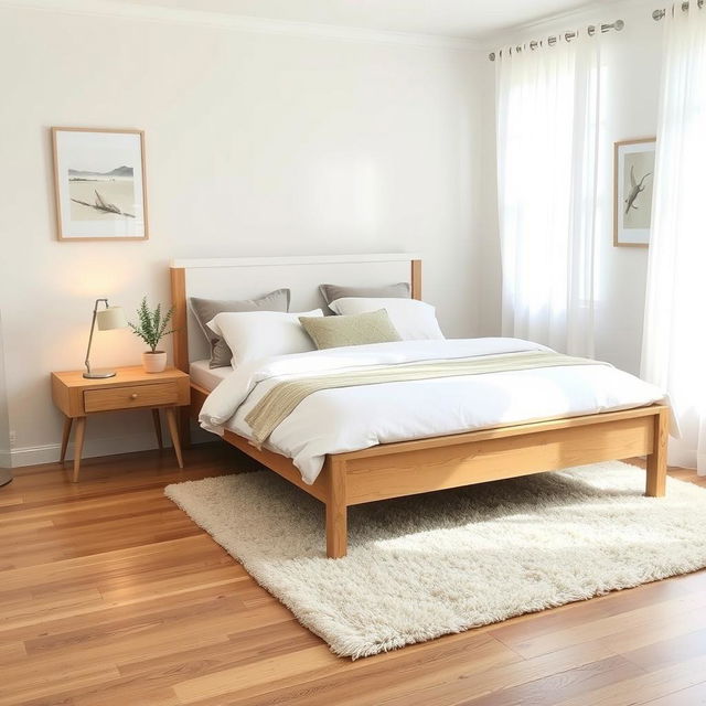 A beautifully styled bedroom featuring a cozy bed with wooden and white color scheme