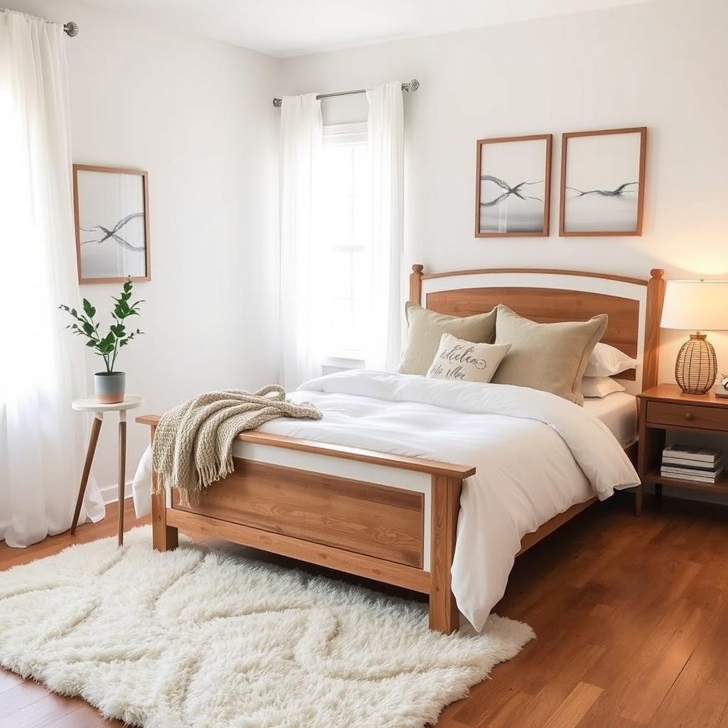 A beautifully styled bedroom featuring a cozy bed with wooden and white color scheme