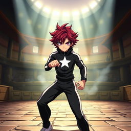 An artwork inspired by the MHA (My Hero Academia) art style featuring a male character with shaggy crimson hair and striking amethyst eyes
