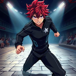An artwork inspired by the MHA (My Hero Academia) art style featuring a male character with shaggy crimson hair and striking amethyst eyes