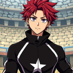 An artwork inspired by the MHA (My Hero Academia) art style featuring a male character with shaggy crimson hair and captivating amethyst eyes